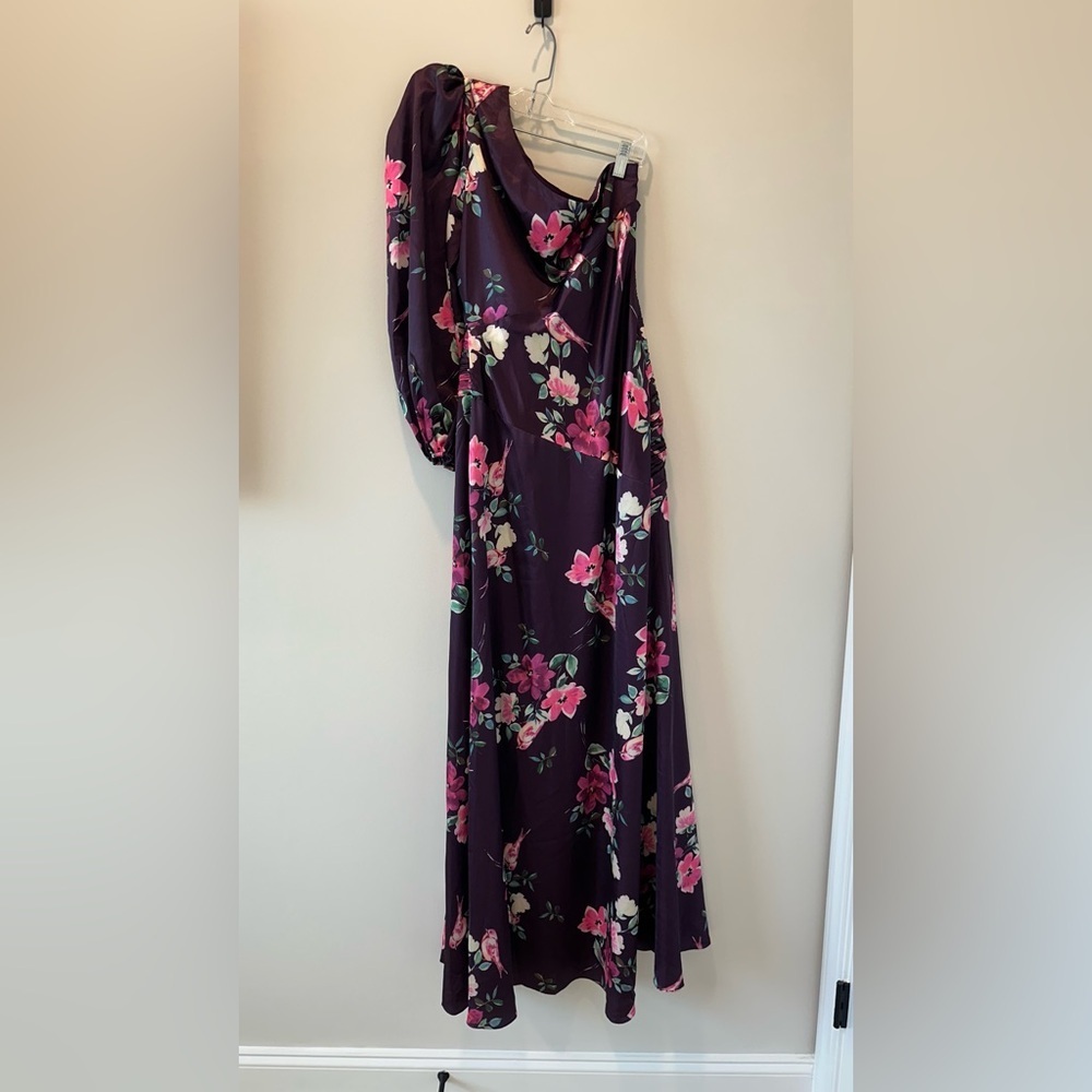 Mac Duggal Ieena Purple One Shoulder Long Sleeve Floral Pink Wedding Guest Dress - Picture 12 of 16
